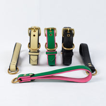 Load image into Gallery viewer, Bestseller// Genuine Leather Dog Collar: Pip Collar  Equestrian Green &amp; Hot Pink Dog Collar